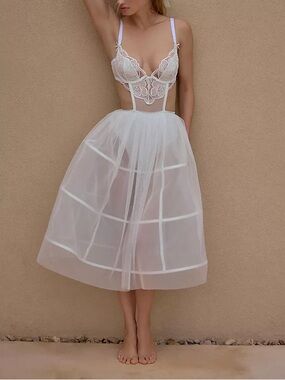 For Love And Lemons Blushing Blooms White  Mesh Lace Hoop Midi Dress - XS